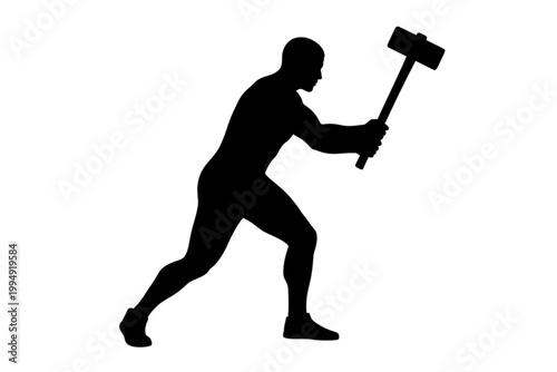 Forceful silhouette: A dynamic silhouette of a person swinging a heavy hammer, embodying strength, determination, and manual labor.