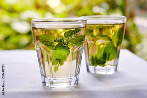 Mint Leaves Float in Two Clear Glasses Filled With Green Tea on a Table in a ...