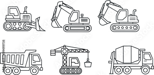 Heavy Construction Machinery Outline Icon Set with Excavator Bulldozer Crane and Concrete Mixer