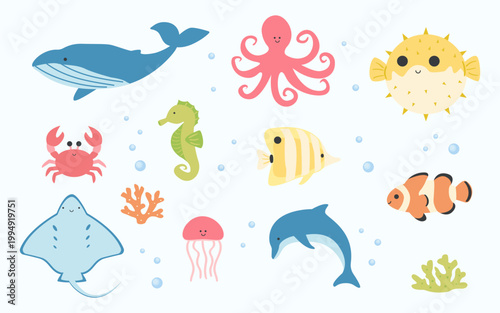 Sea animals collection, marine life set with fish, dolphin, whale, octopus and coral