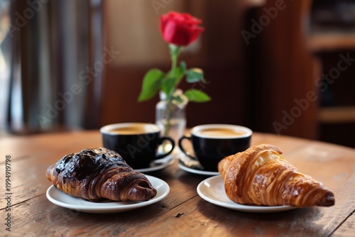 Enjoy Coffee and Pastries at a Cafe With Fresh Flowers on a Wooden Table Duri...