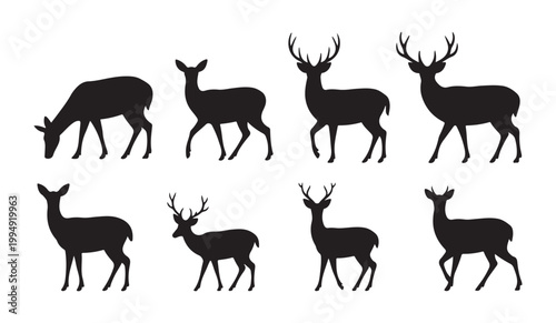 Collection of eight deer silhouettes showing various poses and antler designs on white background vector illustration.