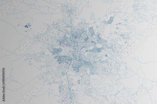 Map of the streets of Lusaka (Zambia) made with blue lines on white paper. 3d render, illustration