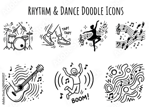 Music and dance doodle icons set line art