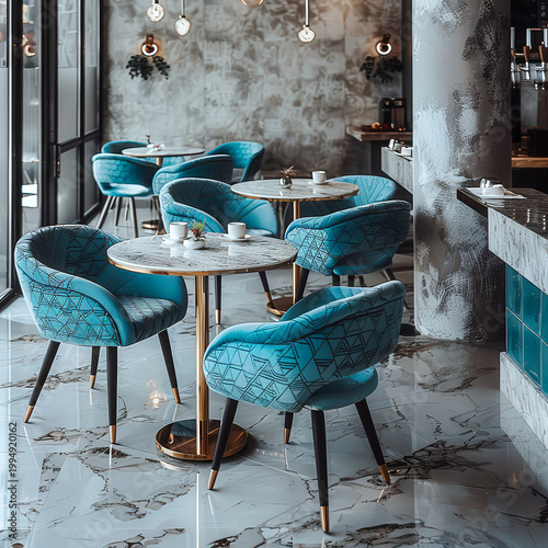 Decorative Cafe Scene With Modern Chairs Set Around Marble Tables in Urban Setting During Daytime
