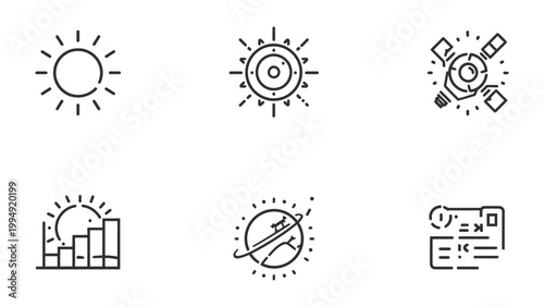 Solar Icons: Collection of graphical sun illustrations, capturing the essence of solar energy, astronomical phenomena, and technological advancement in a modern, clean style.