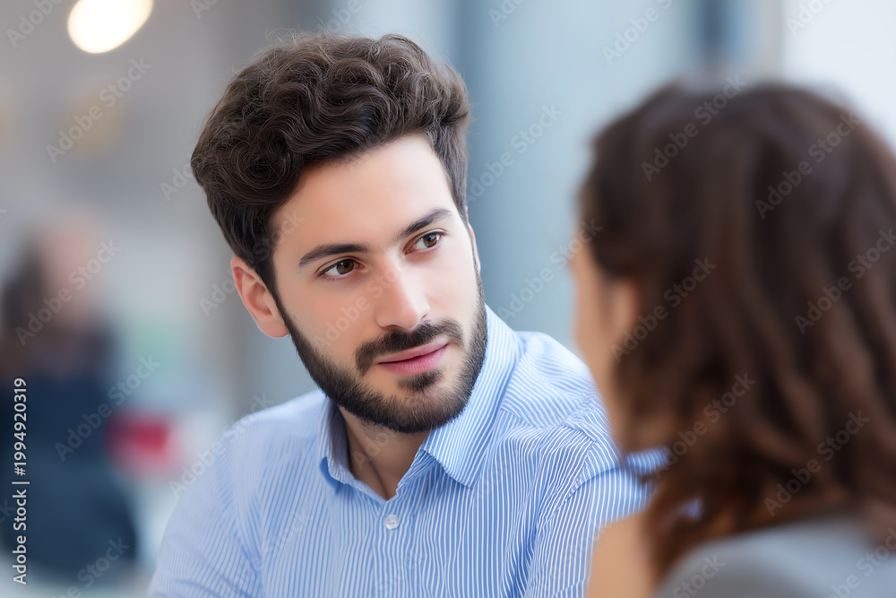 Obraz premium Business Consultant Listening Attentively During Client Conversation