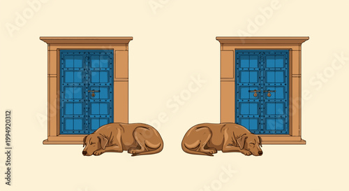 Two brown dogs sleep peacefully in front of ornate blue doors set in tan architectural frames