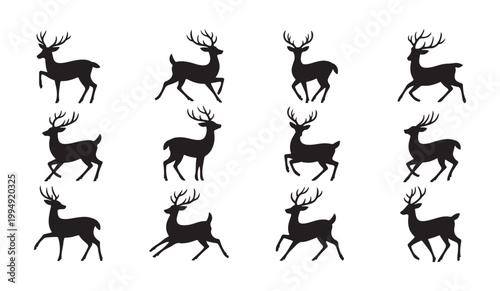 Collection of twelve black deer silhouettes in various poses for dynamic wildlife and nature compositions.