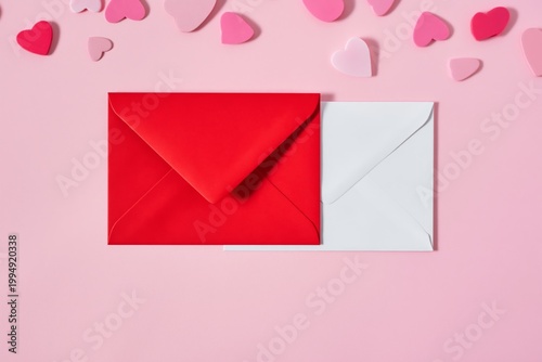 Red and White Envelopes on Pink Background With Heart Shapes Around Them Duri...