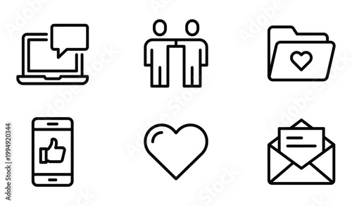 Set of line vector icons including chat on laptop connection folder with heart smartphone like heart shape and open mail, favorite