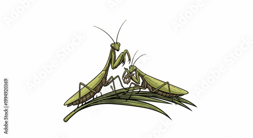 Two green praying mantises on a leaf
