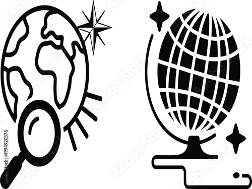 Globe with magnifying glass and world map icons, global search concept, international research and discovery vector