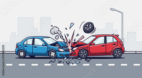 Two cars colliding on a road, causing damage and debris