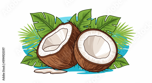 Two halves of a ripe coconut with coconut milk dripping, surrounded by tropical green leaves