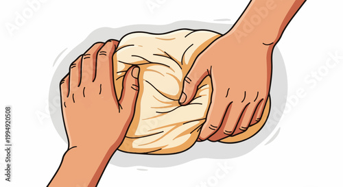 Two hands knead and shape a ball of light-colored dough, creating a textured surface