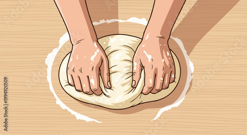 Two hands kneading a ball of dough on a wooden surface, dusted with flour