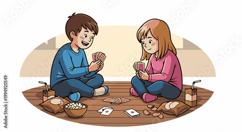 Two children playing cards, snacks and drinks nearby on a wooden floor