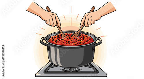 Two hands stir a hearty stew in a pot on a stove, emanating warmth