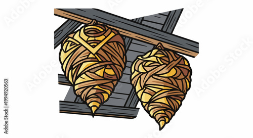 Two hanging papyrus scrolls, intricately wrapped in brown and yellow bands