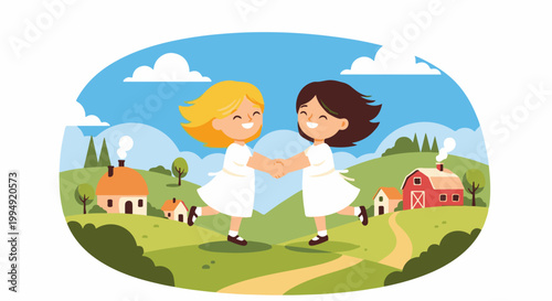 Two happy children in white dresses hold hands joyfully in a cartoon farm landscape