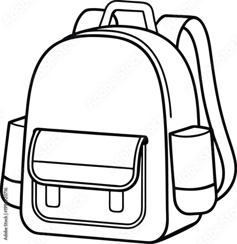 Detailed outline of a backpack with flap pocket and side pockets.