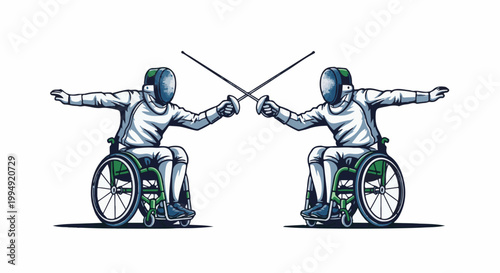 Two individuals in wheelchairs fencing with sabers, pixel art style