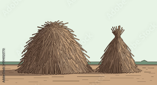 Two conical haystacks stand tall on a dry ground under a pale sky