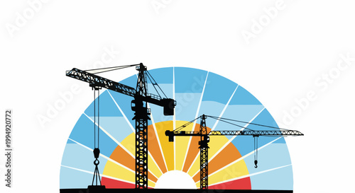 Two construction cranes silhouetted against a vibrant sunrise radiating outwards