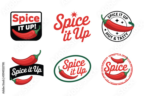 Spice it up logos featuring red chili pepper designs with bold typography for spicy food branding identity concepts.