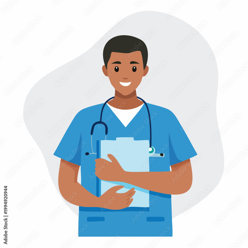 Fototapeta premium A smiling dark-skinned doctor in blue scrubs holds a clipboard in a medical setting.