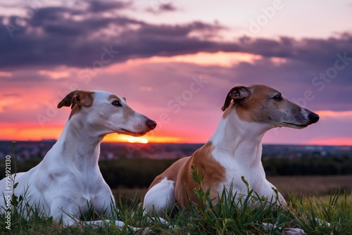 Two Dogs Sit on Grass During Sunset With Vibrant Sky Colors in the Background