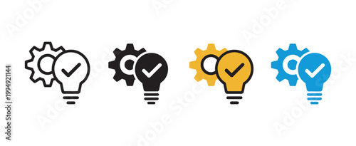 Photos Innovation strategy solution validation icon set, light bulb checkmark gear symb