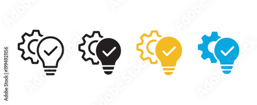 Innovation strategy solution validation icon set, light bulb checkmark gear symbols for creative thinking technical execution vector illustration