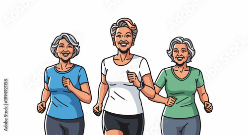 Three smiling elderly women in athletic wear jogging together with determination and joy