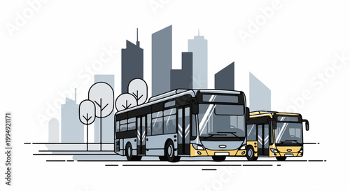 Three buses, one silver and two yellow, travel along a city street with abstract buildings behind them