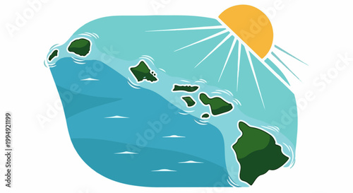 Tropical islands with lush green terrain under a bright, radiant sun shining over blue ocean waters