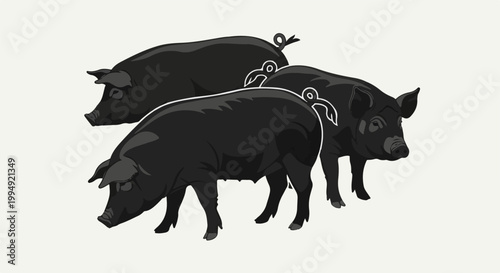 Three stylized black pigs walk together on a plain background, with white outline details