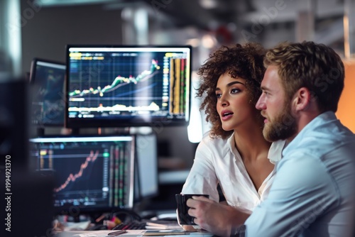 Colleagues Analyze Stock Market Trends in a Modern Office Environment During ...