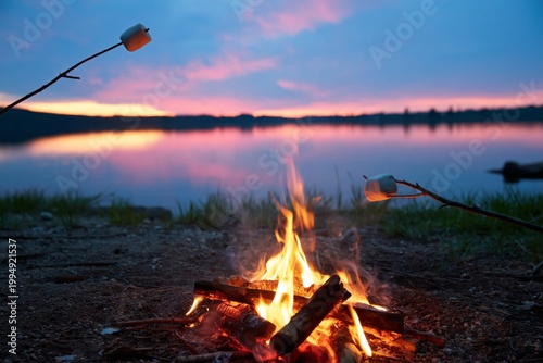 Campfire by the Lake at Sunset With Marshmallows Roasting on Sticks