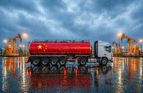 Oil tanker truck with Chinese flag in industrial refinery China