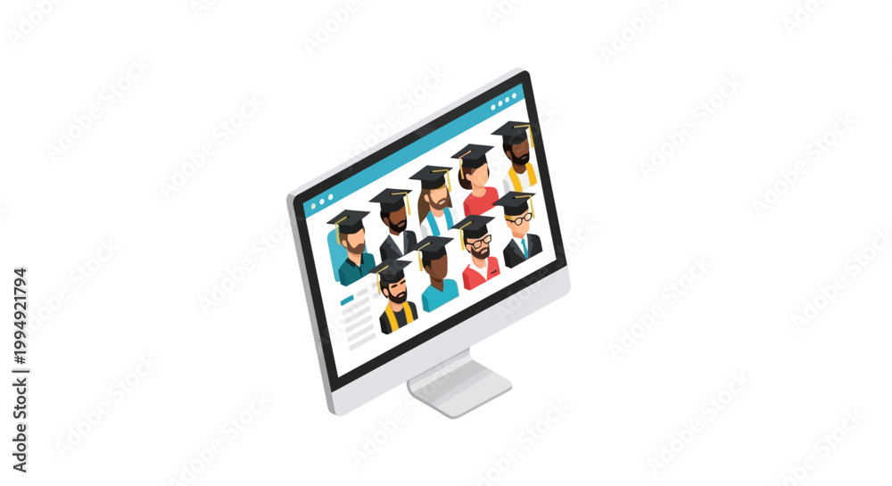 Fototapeta premium Online Education and Virtual Graduation Ceremony Concept Isometric Illustration with Diverse Student Avatars on Computer Screen