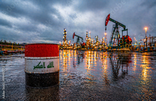 Oil barrel with Iraq flag in Middle East refinery Iraq
