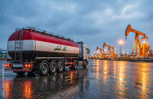 Oil tanker truck with Iraq flag in Middle East refinery Iraq