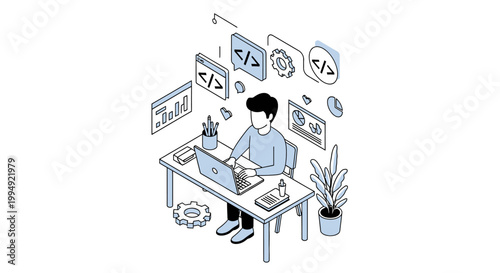 Isometric Software Developer Coding on Laptop with Programming Icons. Modern Tech Workspace Illustration for Web Development, Data Analysis, and IT Services.