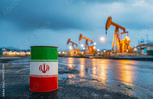 Oil barrel with Iran flag in Middle East refinery Iran