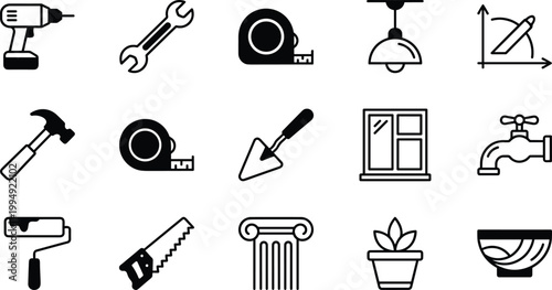 Home Repair and Construction Tool Icon Set with Drill, Hammer, Wrench, Saw, Paint Roller, Plumbing, Window, and DIY Maintenance Symbols