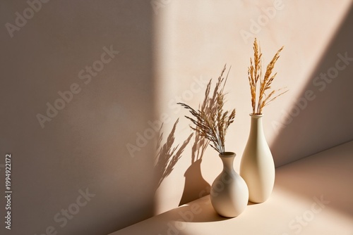 Vases With Dried Plants Casting Shadows on a Wall in a Well-Lit Room