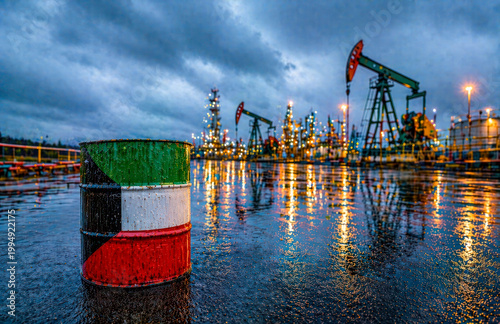 Oil barrel with Kuwait flag in Kuwait oil refinery