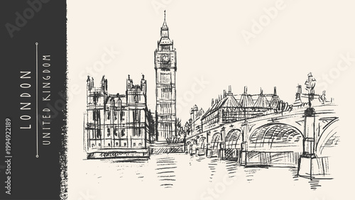 London sketch postcard. Big Ben, parliament, Westminster tower, Thames bridge. British architecture, vintage hand drawn vector illustration, clock landmark, gothic victorian style, cityscape bG